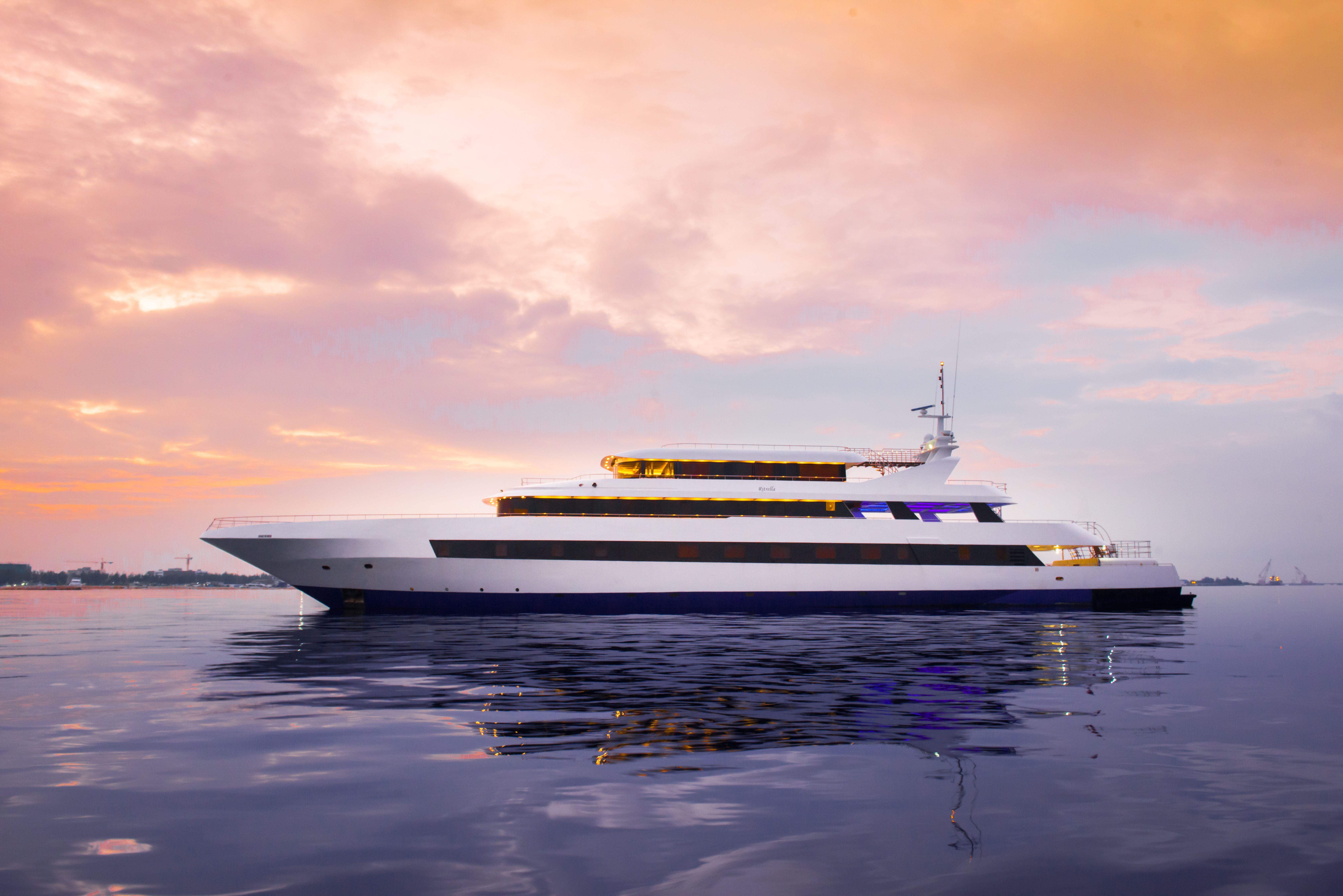 Ritrella luxury yacht at sunset in the Maldives